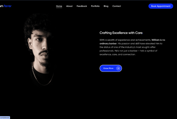 William Ferrer interior page showing barber services and brand story for a website in Pinole, CA